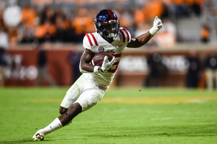 Oct 16, 2021; Knoxville, Tennessee, USA; Mississippi Rebels running back Henry Parrish Jr. (25) runs the ball against the Tennessee Volunteers during the second half at Neyland Stadium. Mandatory Credit: Bryan Lynn-USA TODAY Sports